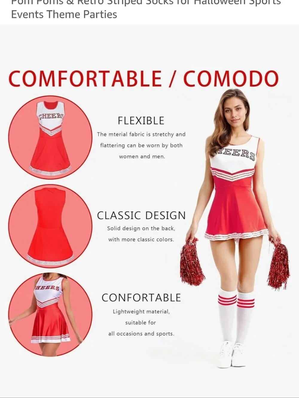 New Cheerleader Costume Dress with Pom Poms and Retro Socks - Red
